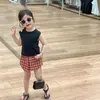 2025 Novo Verão Estilo Coreano Roupas Infantis Meninas Calça Culotte Xadrez Colete Tomara-que-Caia Suspensórios Pequenos Colete Fashion