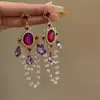 Pendientes Coreanos de Lujo Accesible de Gama Alta con Cristales Morados, Femeninos, Versátiles y Atmosféricos, Pendientes de Moda con Borlas Largas