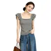 Camiseta quadrada listrada estilo francês plus size com pequenas mangas bufantes para mulheres, nova para o verão, slim fit, valoriza a silhueta, top elegante de nicho