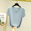 Camiseta base de modal estilo coreano para mulheres, corte solto, plus size, manga curta, adequada para usar em camadas, nova blusa primavera/verão, camiseta lisa, camiseta com decote V
