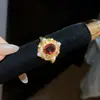 Elegância Floral! Anel Aberto Quadrado Flor de Zircônia Vermelha, Joia Vintage de Alto Padrão Estilo Nicho para Mulheres