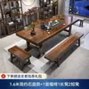 Conjunto grande de mesa de chá e cadeiras em madeira maciça estilo chinês, uma mesa e cinco cadeiras para escritório, sala de chá, sala de estar, uso doméstico, mesa de chá integrada