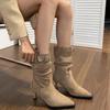 Botas de Moda Diaria para Jóvenes Botas de Otoño Nuevas con Temperamento Delgadas Estampado de Leopardo Punta Fina Tacón de Aguja Gamuza Tacón Alto Botines
