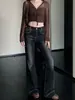 Jeans Retro Americanos de Tiro Bajo Micro-Campana para Mujer Otoño Lavado Ajustados Favorecedores Elásticos Casuales Campana de Longitud al Suelo