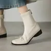 Botas Elásticas Afuniladas com Laço Retro para Outono e Inverno, Botas de Cano Curto Pretas Versáteis de Bico Quadrado com Superfície Macia e Salto Grosso, Botas de Moda de Comércio Exterior Transfronteiriço