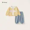 Colección de Ropa Casual InfantilConjunto de Dos Piezas Sudadera con Estampado de Gato y Pantalones Jogger de Color Sólido para Primavera y Otoño Ropa Deportiva para Niñas