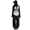 Top de punto gofrado a bloques de color retro a la moda estilo americano con estampado de estrellas, colección de otoño, estampado digital, camiseta de manga larga, unisex