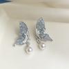 Aretes de Flor de Cristal Azul Degradado para Mujer, Aretes de Perlas de Mariposa Franceses Frescos y Dulces, Aretes Elegantes Super Hada