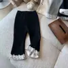 Pantalones Casuales de Invierno para Niñas, Elegantes, Infantiles, Tendencia Versión Coreana, Ribete de Encaje, Forro Polar, Engrosados, Acampanados