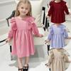 Venda Direta de Fábrica Vestido Infantil com Renda e Mangas Bufantes, Vestido de Festa para Meninas, Vestido Princesa Lindo de Cor Sólida para Bebê