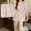 Pijama de coelho floral em desenho animado feminino de verão com manga curta, terno de três peças, algodão nuvem, doce, alta qualidade, roupas de casa, atacado