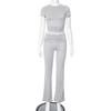 Europeo y Americano Comercio Exterior Transfronterizo Amazon Nuevo para Mujer Color Sólido Cuello Redondo Manga Corta Top Corto Traje de Pantalón Picante para Mujer