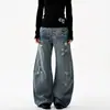 Calça jeans rasgada com padrão de bambu desgastado, estilo West Coast Americano, vibe high-street, modelagem solta, afina a silhueta, perna reta, calça wide leg