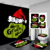 Juego de cortina de ducha impermeable con temática de Grinch, incluye cuatro piezas: cortina de ducha de poliéster, juego de baño impermeable y resistente al moho, y alfombrilla de baño
