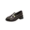 En stock ~ zapatos de tacón grueso suela gruesa para mujer 2025 primavera nuevos negros punta redonda marrones moneda de oro pequeña zapatos de cuero pequeños zapatos