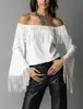 Top vintage europeu e americano com franjas para mulheres, nova camiseta de camurça de um ombro com manga sino estilo western, ombro a ombro
