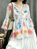 Roupas femininas plus size 2026 novo top de verão em chifon estampado com decote V e manga sino, emagrecedor e rejuvenescedor, camisa babydoll que esconde a barriga