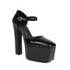 Sandalias Estilo Europeo y Americano con Tacón Grueso, Suelas de Plataforma, Talón Cerrado, Punta Cuadrada, Tira Única, Charol, Disponibles en Tallas Grandes para Mujer en Negro, Blanco y Rojo