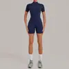 Macacão de fleece com zíper e manga curta para yoga feminino, adequado para uso ao ar livre, body esportivo fitness 2640