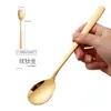 Cuchara de acero inoxidable para uso doméstico, cuchara sopera grande para plato principal de adulto de mango largo estilo coreano, linda cuchara para comer para niños
