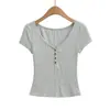 Camiseta de Manga Corta de Punto Acanalado Elástico Decorada con Botones Cl2630-26, Estilo Verano, Versión Coreana, Corte Ajustado, Cuello en V Amplio