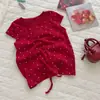 Camiseta de Verano de Manga Corta para Niña, Moda para Bebé, Marca Trendy Kidsren, Estilo Coreano, Lunares, Espalda Descubierta, Cordón, Hombros Descubiertos