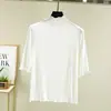 Nueva camiseta de verano para mujer, cuello semi-alto, manga corta, tela modal con bordes rizados, mangas tres cuartos, camiseta base delgada, top talla grande
