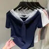 Camiseta de Manga Corta con Cuello en V y Lazo para Mujer, Venta al por Mayor Transfronteriza, Verano, Nicho, Aspecto Adelgazante, Top Elegante y Versátil