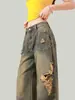 Jeans de Perna Larga Rasgado Estilo Deserto Retro Americano Verão Feminino Design Desgastado Cintura Alta Solto Calças de Perna Larga