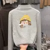 Camiseta de cuello semi-alto a rayas de terciopelo alemán, engrosada, para niñas, otoño e invierno, ropa para niños, prenda interior para niñas de mediana edad y mayores