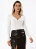 Suéter de Tricô Sexy Ajustado com Decote V Estilo Garota Picante Americano para Mulheres, Pulôver Versátil de Cor Sólida para Primavera e Outono, Corte Slim