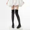 Meias Longas Populares de Primavera e Verão Estilo Ballet com Laço e Cadarço Vazadas em Forma de Diamante Meias até a Coxa Lolita Renda Retrô