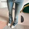 Jeans de Cintura Alta con Borde de Piel Micro-Rayados para Mujer 2024 Nuevo Otoño Cintura Alta Ajustados Adelgazantes Pantalones de Boca de Campana Pequeña