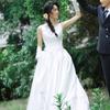 Vestido de Novia de Satén Francés con Cuello Redondo Sencillo, Línea A de Princesa Adelgazante, Velo para Fotografía de Boda de Viaje Nupcial con Cola Pequeña, Estilo Bosque