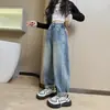 Pantalones vaqueros para niña para exteriores, estilo primavera y otoño, pantalones de pierna ancha para niños, nuevo estilo primavera 2025, pantalones de primavera y otoño para niños medianos y grandes