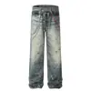 2025 Nuevos Pantalones de Estilo Americano Retro Cadena para Pantalones Jeans Estampados Sueltos Rectos Lavado Salpicadura de Tinta Lavado Sucio Pierna Ancha Pantalones Casuales