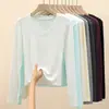 Camiseta Base com Decote Coração H255 para Primavera e Outono, Top com Design Versátil, Camiseta Branca de Manga Longa, Top com Gola V e Ombro Normal