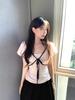 Camiseta Delgada de Manga Corta con Cuello en V y Lazo para Mujer, Cintura Ceñida, Moda de Verano, Rejuvenecedora, Top Versátil para Figuras Pequeñas