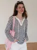 Camiseta de punto de alta gama francesa a rayas azul marino con cuello en V y manga larga para mujer, estilo perezoso de primavera, jersey holgado, capa base