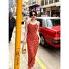 Falda roja con estampado floral de Hong Kong, sin espalda, para mujer, de verano, pura, sexy, elegante, sin mangas, con cuello en V, vestido largo