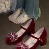 Novos Sapatos Mary Jane de Salto Grosso com Tira de Laço em Cetim Estilo Pequeno Perfume Salto Alto para Mulheres - Primavera 2025
