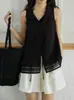 Camisa Relajada Negra sin Mangas con Cuello para Mujer, Top de Encaje Hueco con Cordones de Verano de Corte Amplio con Sentido del Diseño