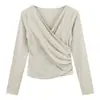 Design de Outono Camiseta de Pelúcia com Decote em V de Manga Longa Feminina Compra em Atacado 2026 Irregular Garota Picante Slim Fit Mostra Fino Camisa Camada Base