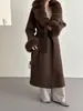 Gola removível de pele de raposa, design com fenda nas costas, casaco de lã dupla face, feminino, corte solto, acinturado, casaco de lã com cinto, outono e inverno
