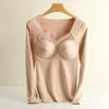 Ropa interior térmica de cuello en V talla grande para mujer, manga larga, base, copa fija de látex francesa, chaleco térmico de terciopelo cepillado con calefacción