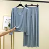 Conjunto de Calça Wide Leg de Manga Longa em Modal Feminino Novo Roupa de Casa Fina Solta Pijama Conjunto de Duas Peças