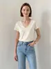 Md26 Nova Camiseta de Verão Estilo Resort Francês Cor Sólida Decote V Detalhe em Renda Manga Curta Camiseta 06280350800