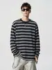 Camiseta listrada de gola redonda e manga longa, unissex, estilo outono, retrô americano, modelagem solta, casual, moderna e versátil
