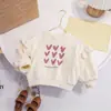 Sudadera de cuello redondo para niña con mangas de encaje de corazón, pantalones acampanados casuales de primavera y otoño, conjunto de dos piezas suelto y personalizado, moderno