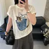 Camiseta de Tricô de Seda Gelada com Estampa de Letras de Gato de Manga Curta para Mulheres, Novo Estilo Verão 2026, Caimento Solto, Design Jovem, Top Leve